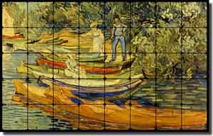 van Gogh Landscape Boats Tumbled Marble Tile Mural 48" x 30" - 523007
