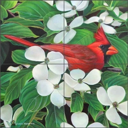 Cardinal in Dogwood Blossoms by Leslie Macon Ceramic Tile Mural LMA036
