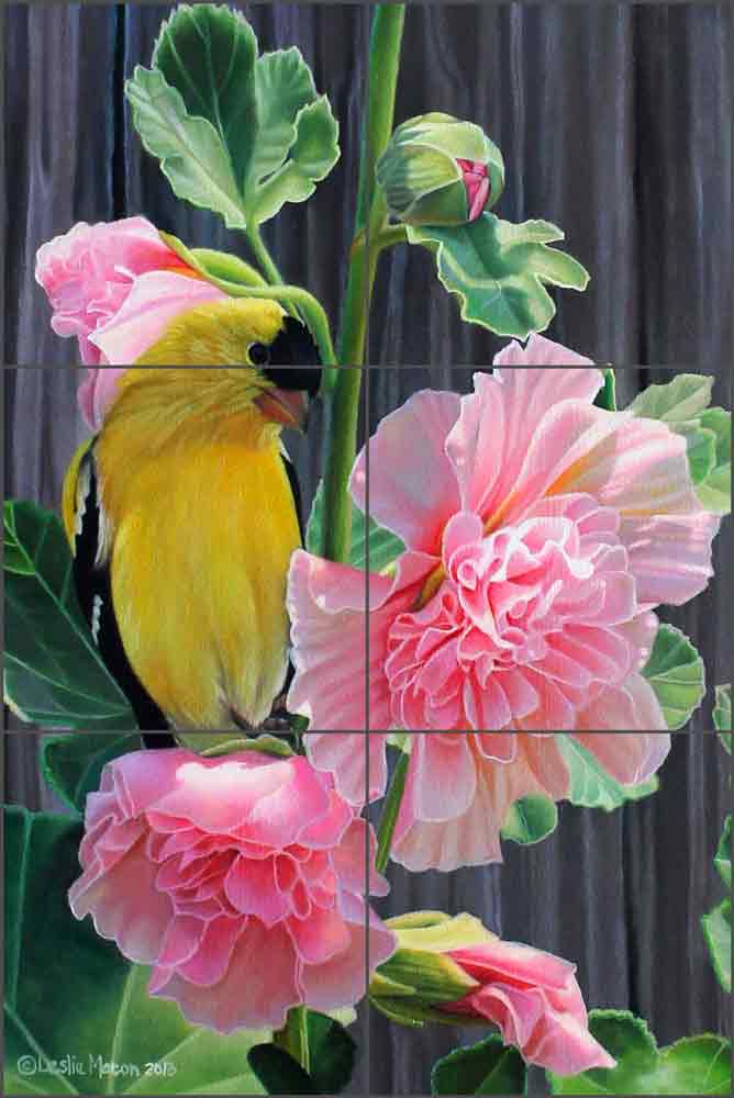 Goldfinch and Hollyhocks by Leslie Macon Ceramic Tile Mural LMA051