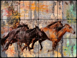 Galloping Horses by Agata & Hector Tumbled Stone Tile Mural OB-AGA52