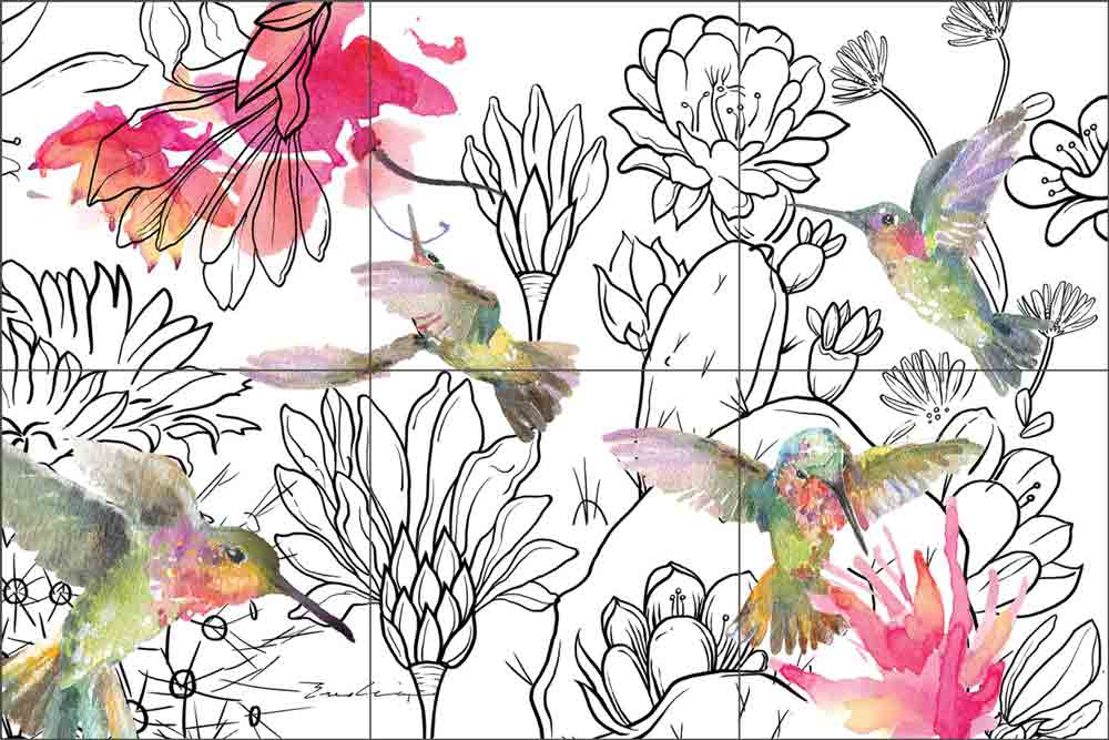 Desert Hummingbirds 3 by Evelia Ceramic Tile Mural OB-ES908
