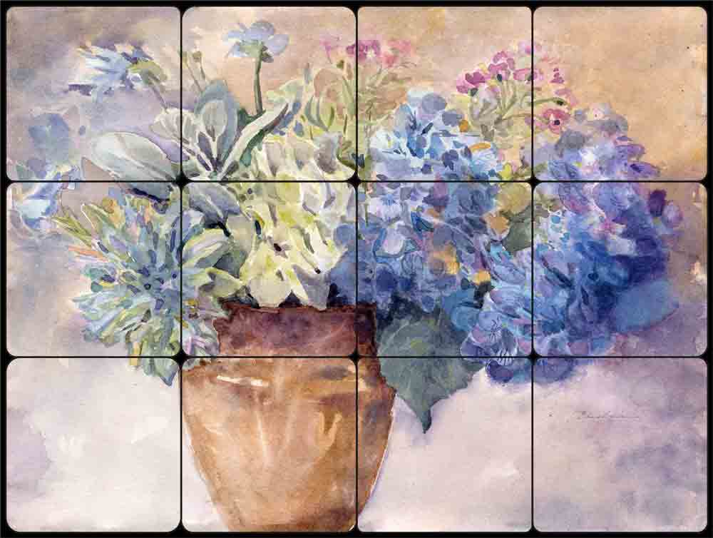 Periwinkle Bluish Hydrangeas by Evelia Tumbled Stone Tile Mural OB-ES918