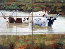 Longhorn Spa Day I by Kathy Winkler Ceramic Tile Mural RW-KW033
