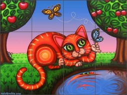 Cat in Reflection by Victoria de Almeida Ceramic Tile Mural RW-VAA008