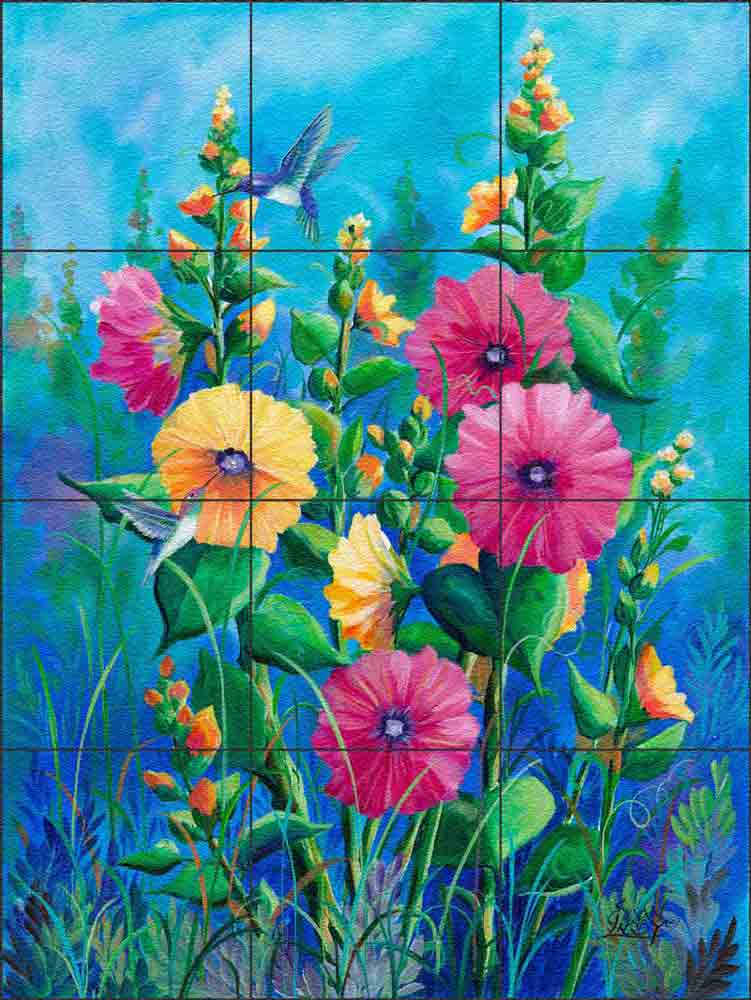 Summer Hollyhocks by Susan Libby Glass Tile Mural SLA059