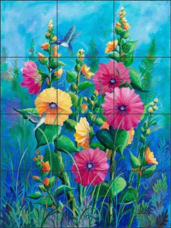 Summer Hollyhocks by Susan Libby Glass Tile Mural SLA059