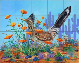 Roadrunner and Saguaros by Susan Libby Ceramic Tile Mural SLA097