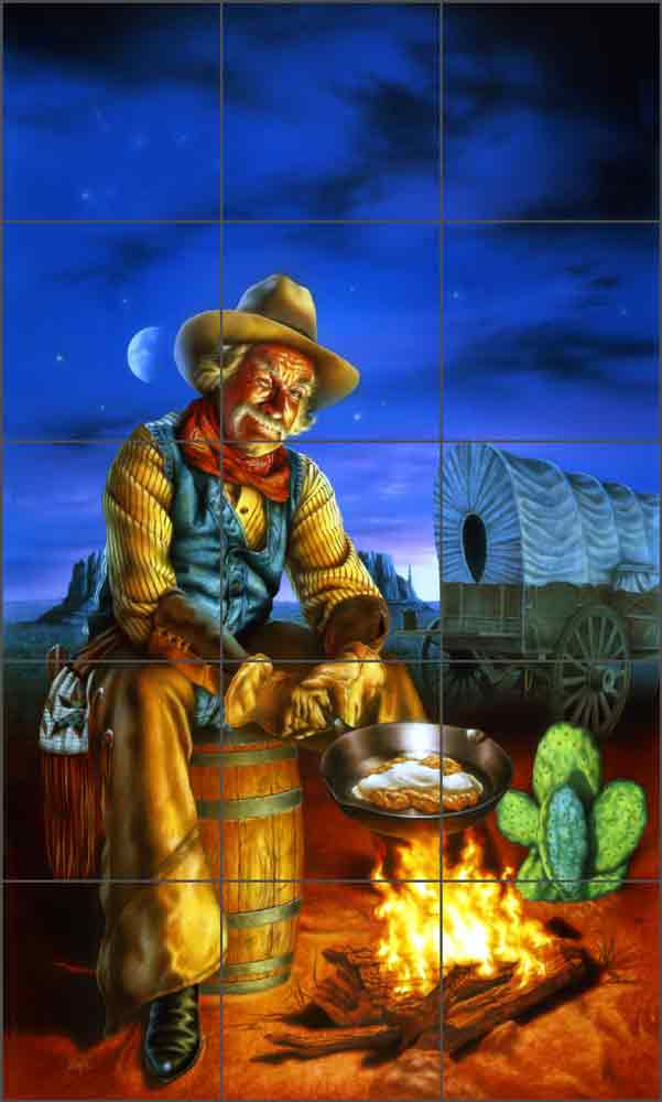 On the Range by Bruce Eagle Cowboy Ceramic Tile Mural - BEA012