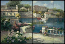 Village Bay by C H Ching Tumbled Stone Tile Mural 24" x 16" CHC100