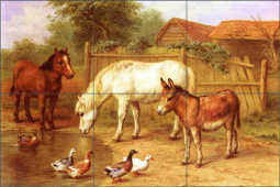 Ponies, Donkey and Ducks in a Farmyard by Edgar Hunt Ceramic Tile Mural EH009