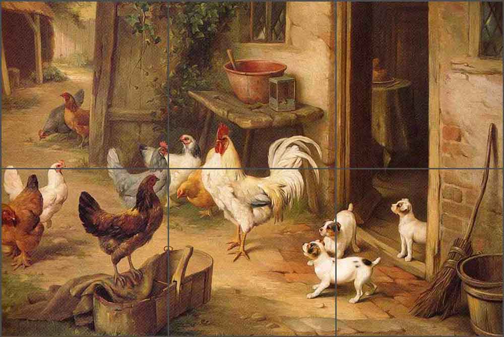 Chickens and Puppies by Edgar Hunt Ceramic Tile Mural - EH037