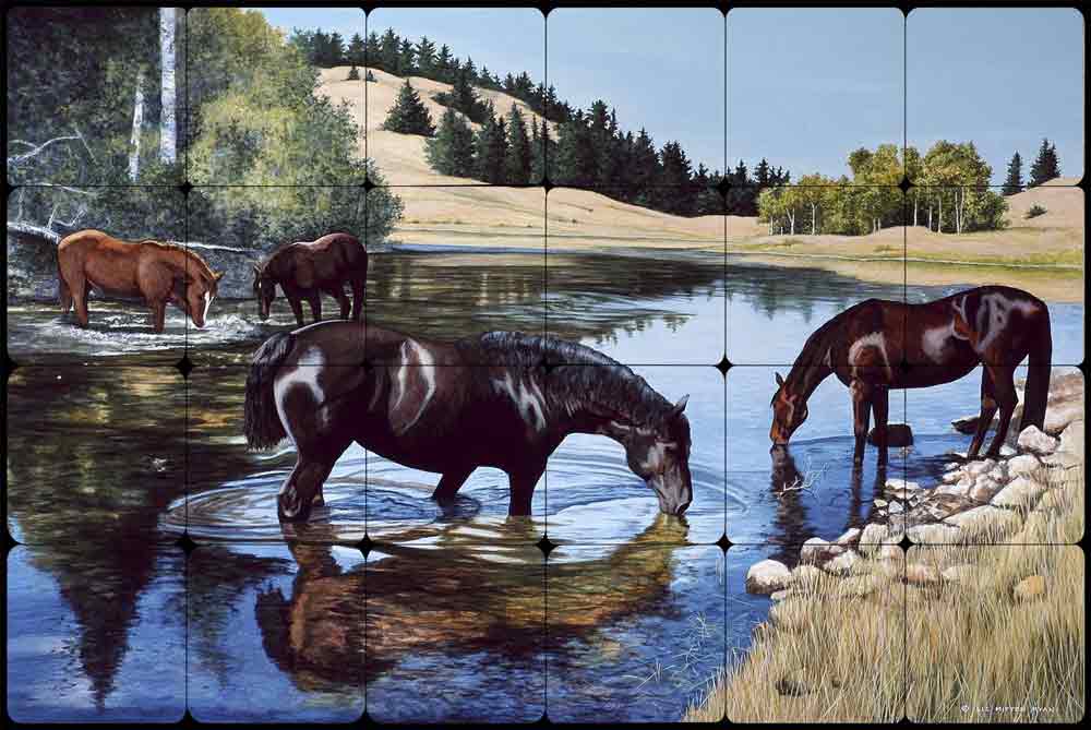 Horses at the Lake by Liz Mitten Ryan Tumbled Stone Tile Mural 24" x 16" - EWH-LMR006