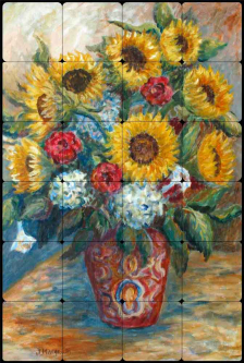 Sunflowers in a Red Vase by Joanne Morris Margosian Tumbled Stone Tile Mural 16" x 24" - JM018