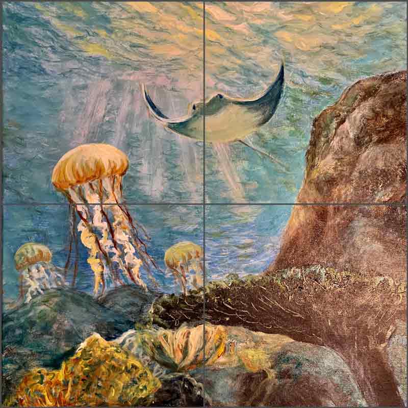 Jellys and Ray by Joanne Morris Ceramic Tile Mural JM132