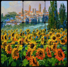 San Gimignano Sunflowers by Mikki Senkarik Tumbled Stone Tile Mural MSA238