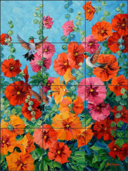 Hummingbirds 'n Hollyhocks by Mikki Senkarik Ceramic Tile Mural MSA285