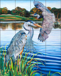 Blue Herons by Nancy Jacey Ceramic Tile Mural NJ103