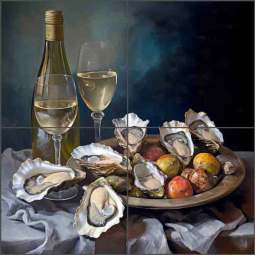 Wine Down with Oysters by Lazar Studio Ceramic Tile Mural OB-LAZ259-11