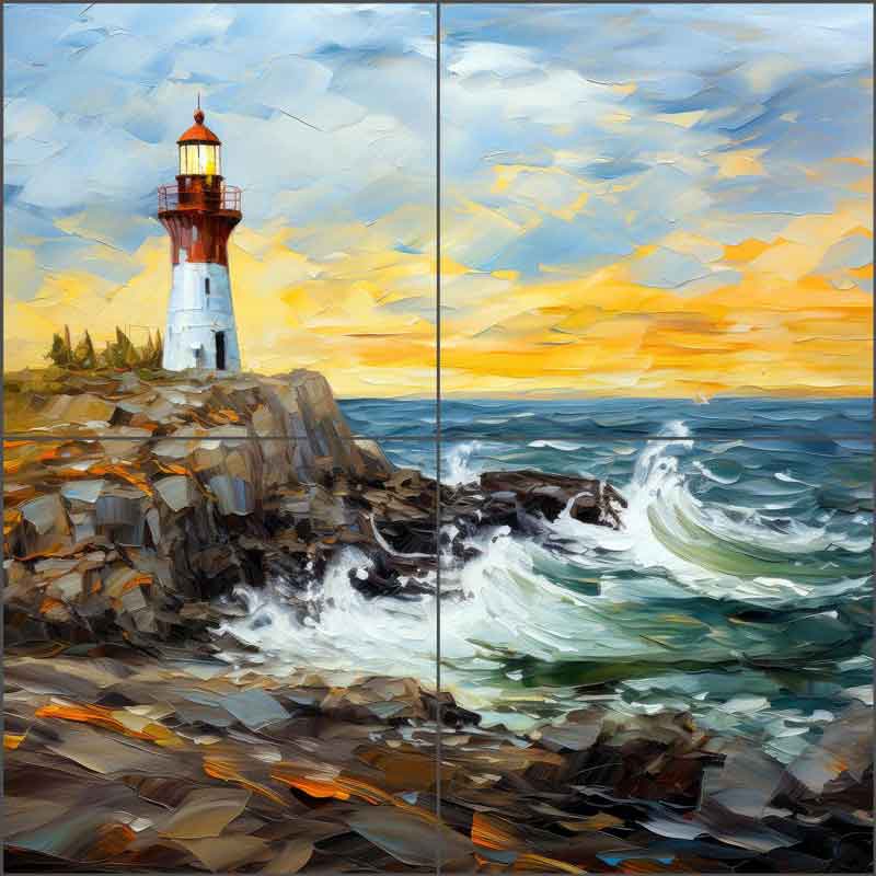 Golden Ocean Lighthouse by Ray Powers Ceramic Tile Mural OB-RPA589a
