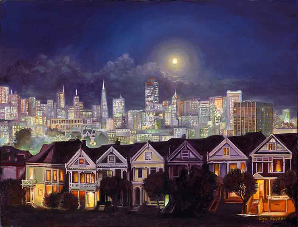 Alamo Square at Night in San Francisco by Olga Kuczer Ceramic Accent & Decor Tile OKA003AT