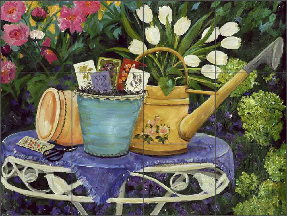 Watering Can & Pots by Carol Walker Ceramic Tile Mural POV-CWA002