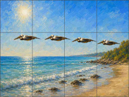 Flying Pelicans by AOT Designs Ceramic Tile Mural AOT107