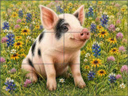 Piglet in Wildflowers by AOT Designs Ceramic Tile Mural AOT112