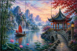 Lanterns at Lotus Lake by AOT Designs Ceramic Tile Mural AOT128