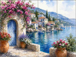 Mediterranean Harbor Morning by AOT Designs Ceramic Tile Mural AOT130