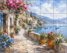 Mediterranean Waterside Walk by AOT Designs Ceramic Tile Mural AOT131