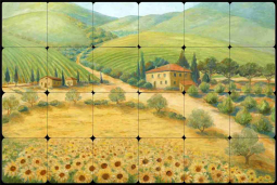 Tuscan Sunflowers by Joanne Morris Margosian Tumbled Stone Tile Mural 24" x 16" - JM015