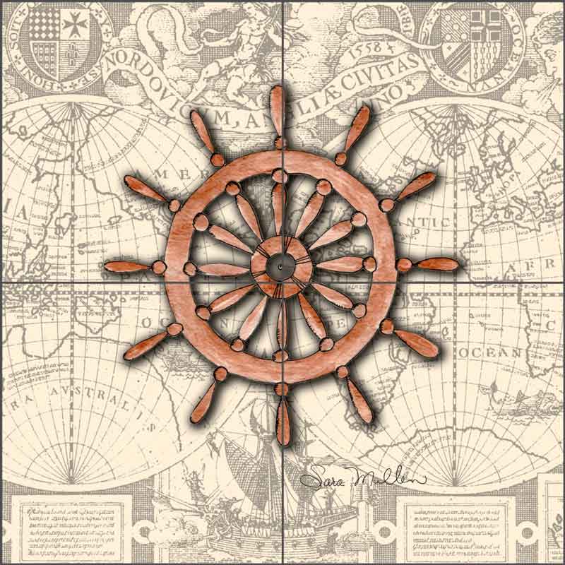 Nautical - Wheel by Sara Mullen Ceramic Tile Mural SM028