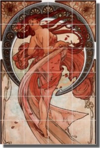 Dance by Alphonse Maria Mucha - Artwork On Tile Ceramic Mural 25.5" x 17" Kitchen Shower Backsplash