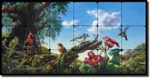 Eagle Birds Landscape Tumbled Marble Tile Mural 24" x 12" - BEA011