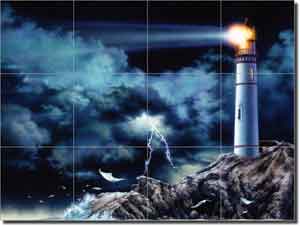 Through the Darkness by Bruce Eagle - Lighthouse Ceramic Tile Mural 17" x 12.75"