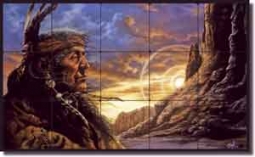Eagle Native American Warrior Tumbled Marble Tile Mural 30" x 18" - BEA018