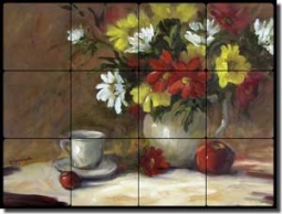 Jaedicke Daisy Floral Tumbled Marble Tile Mural 24" x 18" - BJA010