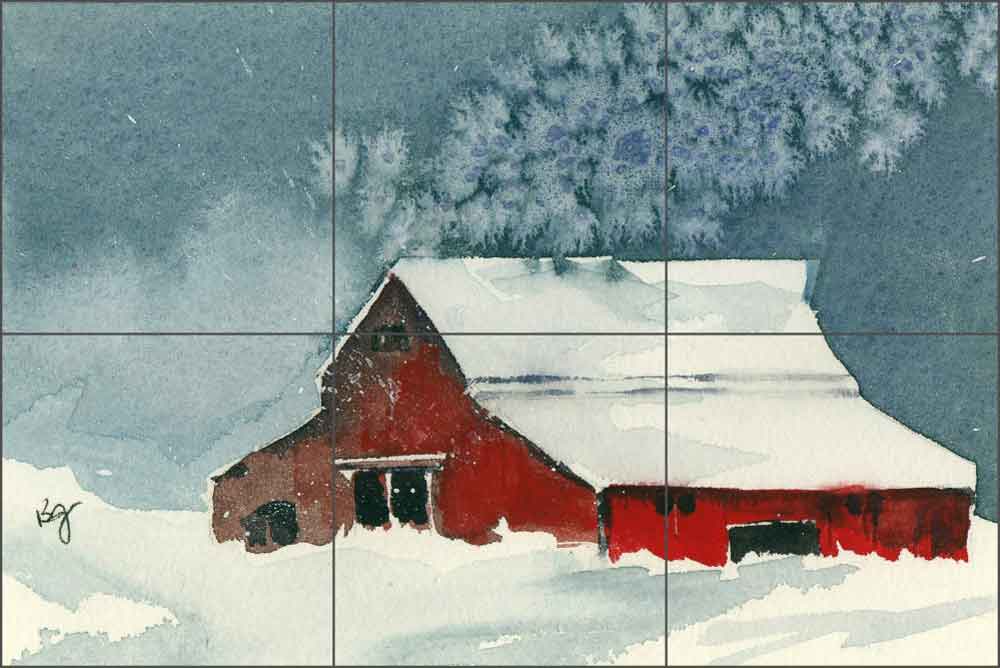 Barn in Snow by Bette Jaedicke Ceramic Tile Mural - BJA002