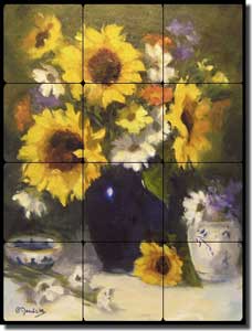 Jaedicke Sunflower Floral Tumbled Marble Tile Mural 18" x 24" - BJA005