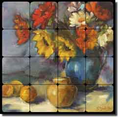 Jaedicke Flower Floral Tumbled Marble Tile Mural 16" x 16" - BJA013