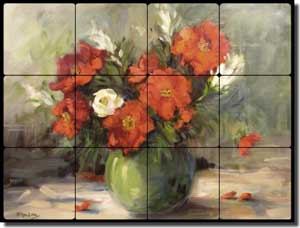 Jaedicke Flowers Floral Tumbled Marble Tile Mural 16" x 12" - BJA015