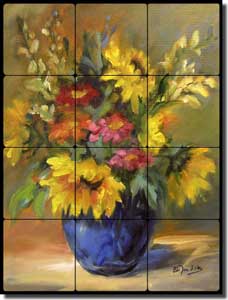 Jaedicke Sunflowers Floral Tumbled Marble Tile Mural 12" x 16" - BJA020