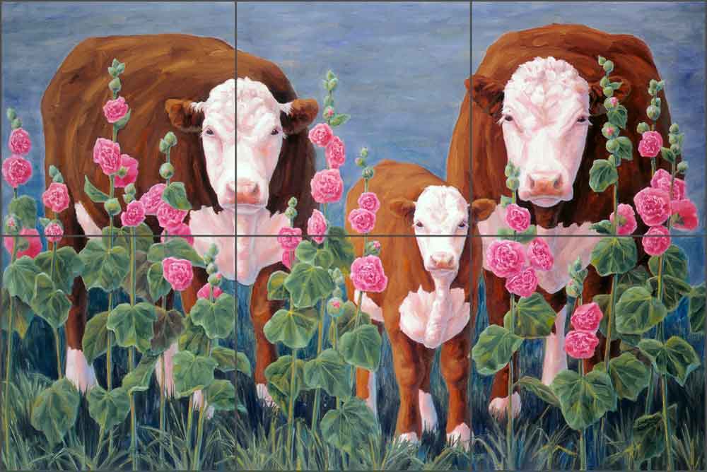 Herefords in Hollyhocks by Linda Elliott Ceramic Tile Mural - CCI-LE17T