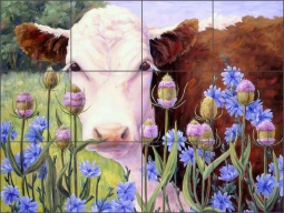 In Blue Sailors and Teasel by Linda Elliott Ceramic Tile Mural - CCI-LE1T