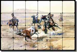 The Renegade by Charles M Russell Tumbled Marble Tile Mural 24" x 16" - CMR008
