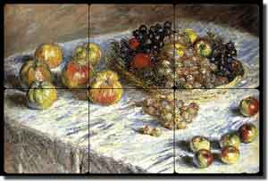 Still Life of Apples and Grapes by Claude Oscar Monet Tumbled Marble Mural 18" x 12" - COM002