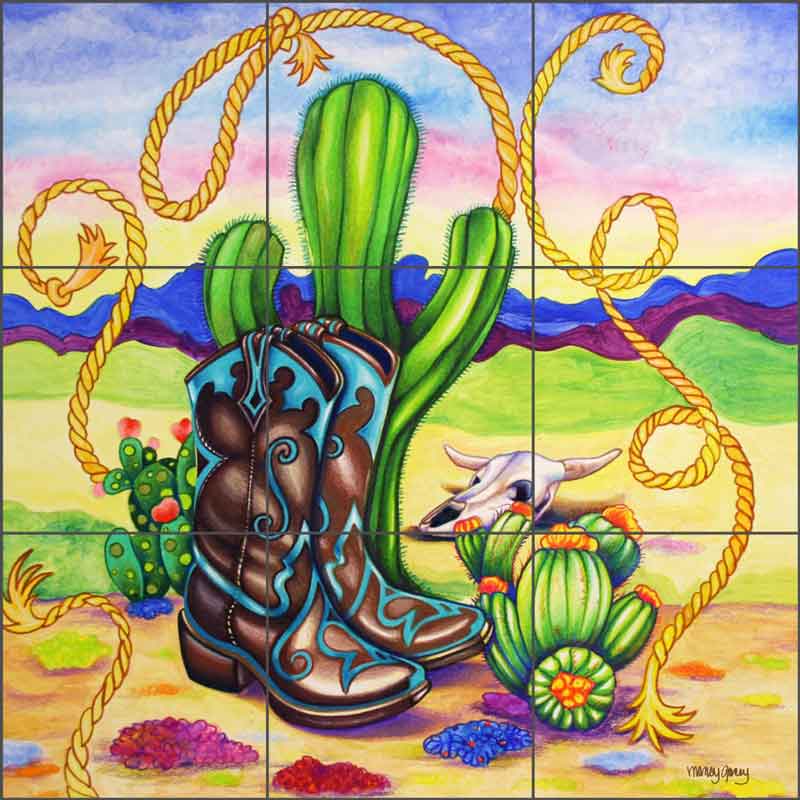 Cactus and Boots by Nancy Jacey Ceramic Tile Mural - CPA-NJ17072
