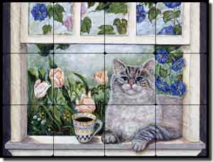 Paterson Coffee Cat Tumbled Marble Tile Mural 16" x 12" - CPA001
