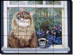 Paterson Coffee Cat Tumbled Marble Tile Mural 16" x 12" - CPA002
