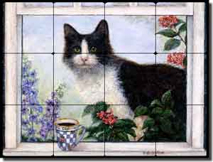 Paterson Coffee Cat Tumbled Marble Tile Mural 16" x 12" - CPA007